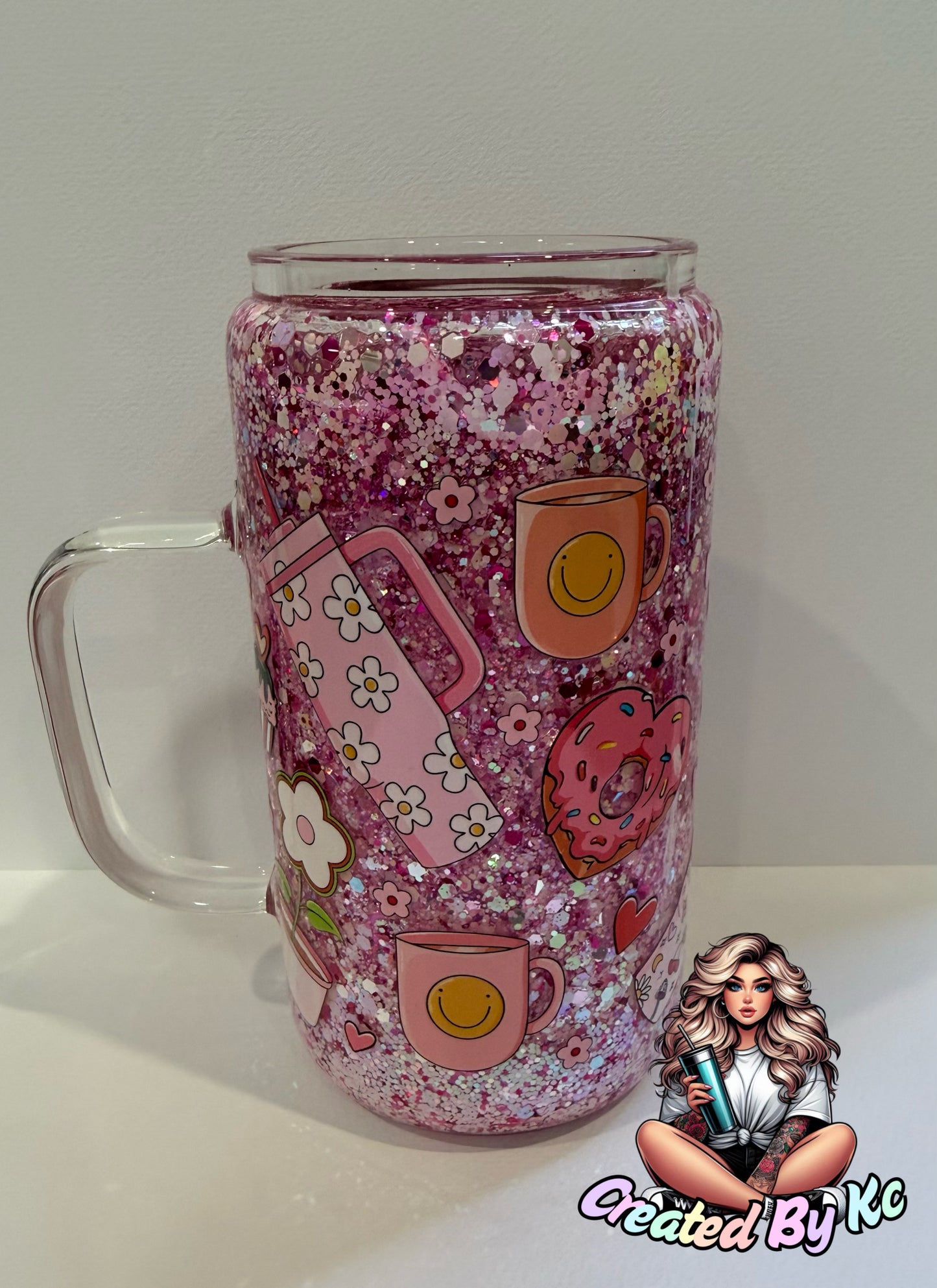 girly pink side handle glass 16oz